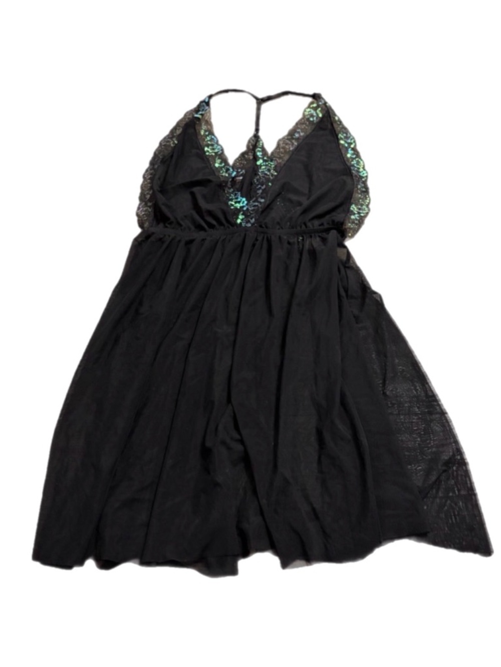 Y2K Vintage H&M Sheer Mesh Slip Dress w Iridescent Floral Lace (Black) Size M